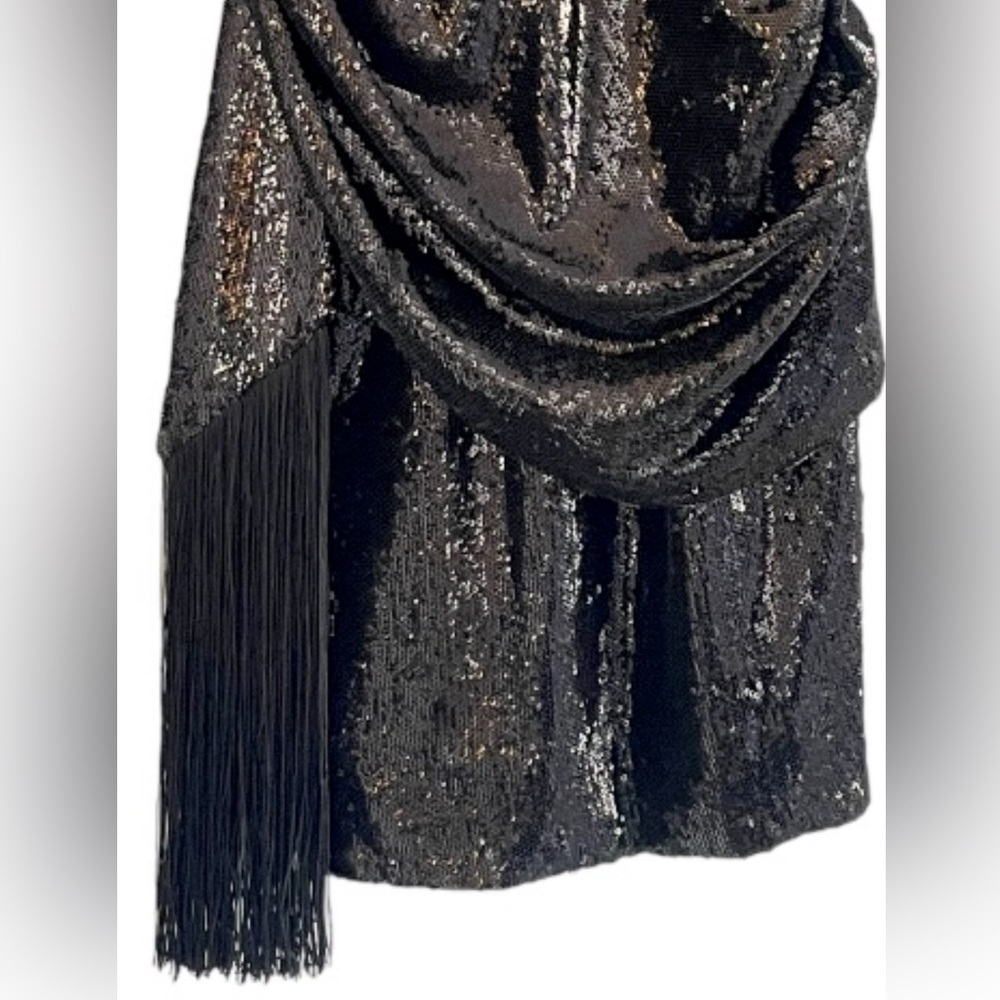 NWT Dress the Population Alida Draped Fringe Side Mini Dress Sz S, M - Picture 4 of 8